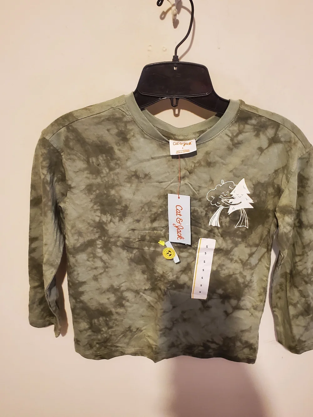 Kids Green Tie-Dye Long Sleeve Tee with Tree Graphic Size S